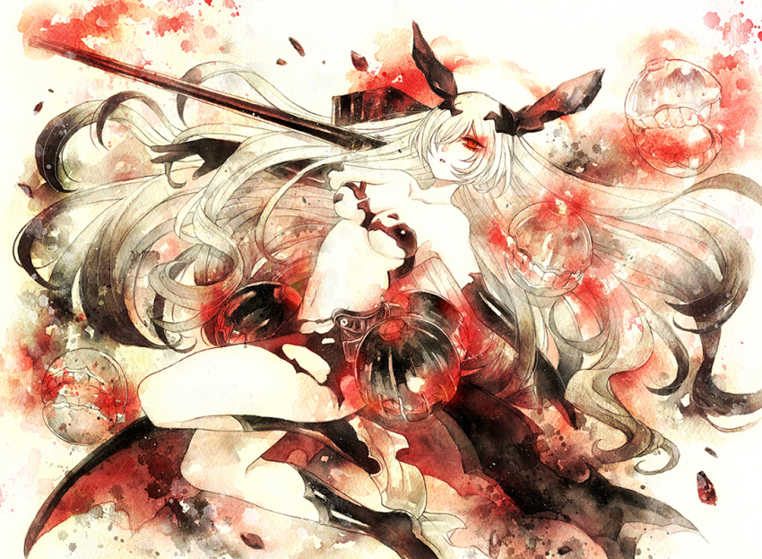 0304yama 1girl anchorage_hime breasts floating_fortress_(kantai_collection) hair_over_one_eye horns kantai_collection long_hair looking_at_viewer machinery parted_lips red_eyes shinkaisei-kan traditional_media turret watercolor_(medium) white_hair white_skin