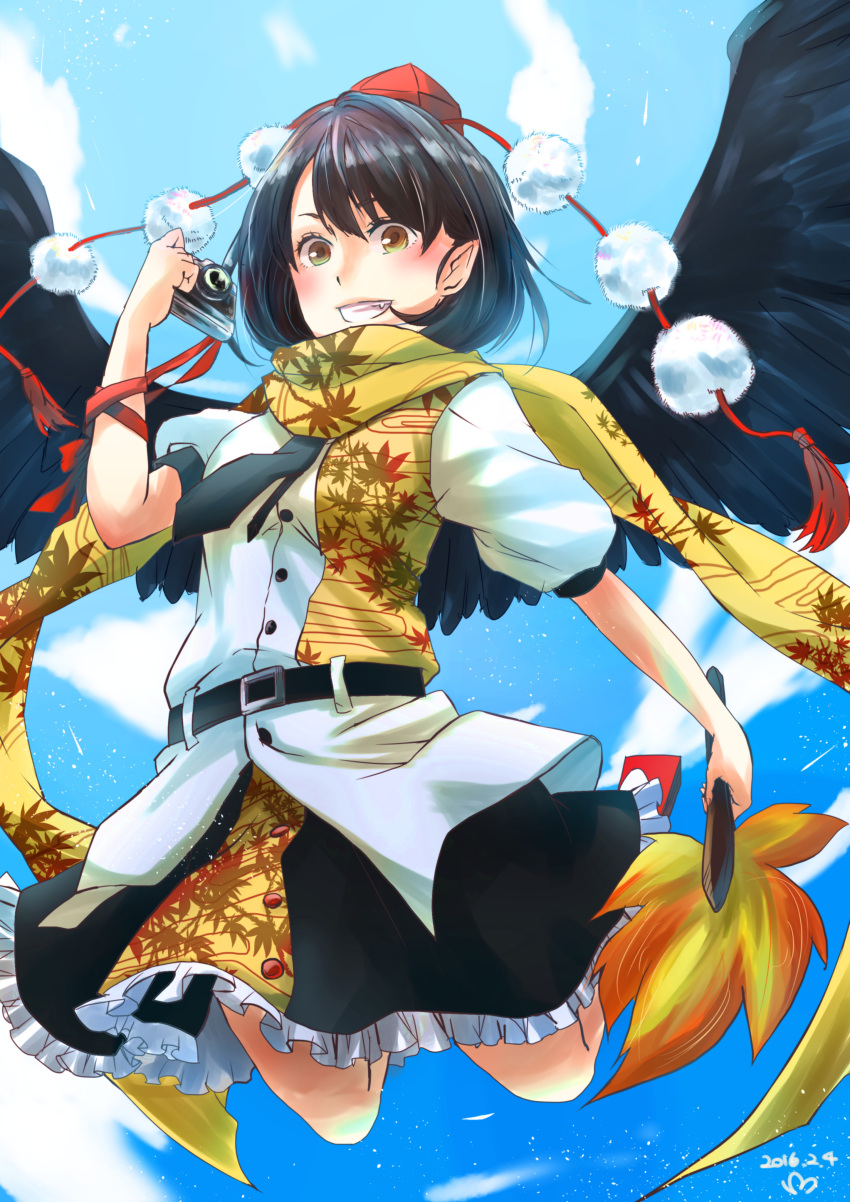 1girl absurdres black_hair black_skirt black_wings blue_sky blush camera clouds dated day fan feathered_wings frilled_skirt frills geta grin hand_up hat highres holding_camera leaf_print legs_up meso pointy_ears red_shoes redhead scarf shameimaru_aya shiny shiny_hair shirt shoes short_hair short_sleeves signature skirt sky small_breasts smile solo teeth tengu-geta tokin_hat touhou white_shirt wings yellow_eyes yellow_scarf