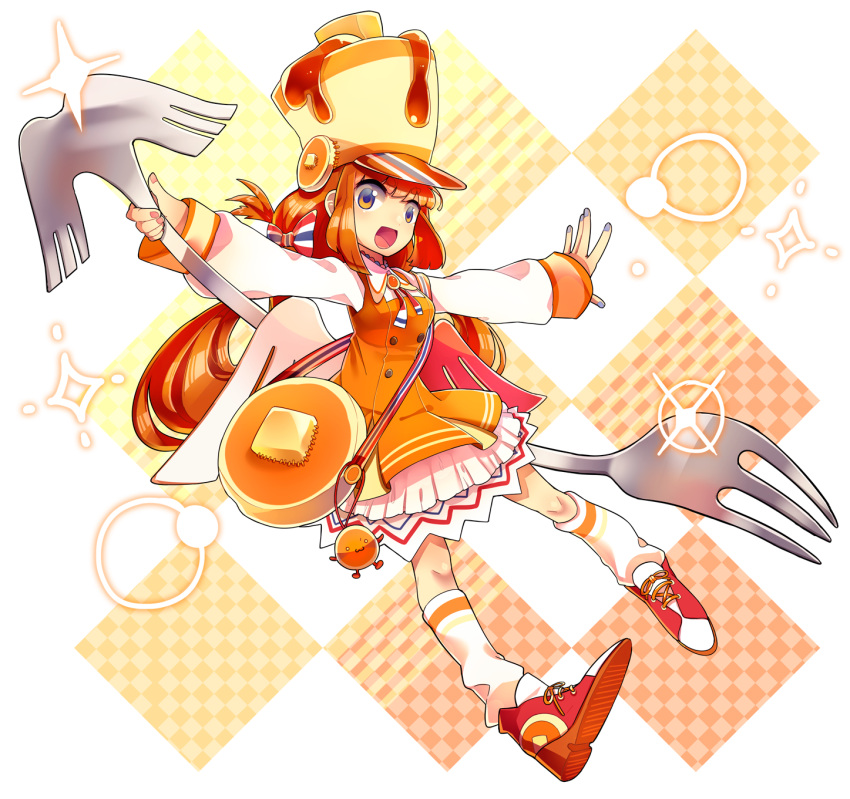 1girl :3 :d argyle argyle_background asymmetrical_wings bag blue_nails bow brown_eyes brown_hair butter eyebrows food_themed_clothes fork full_body hair_bow hat highres kneehighs long_hair looking_at_viewer morinaga_(brand) nail_polish open_mouth orange_skirt original osaki_naya oversized_object pancake personification pink_nails red_shoes shako_cap shoes skirt smile solo striped striped_bow syrup thick_eyebrows white_legwear wings