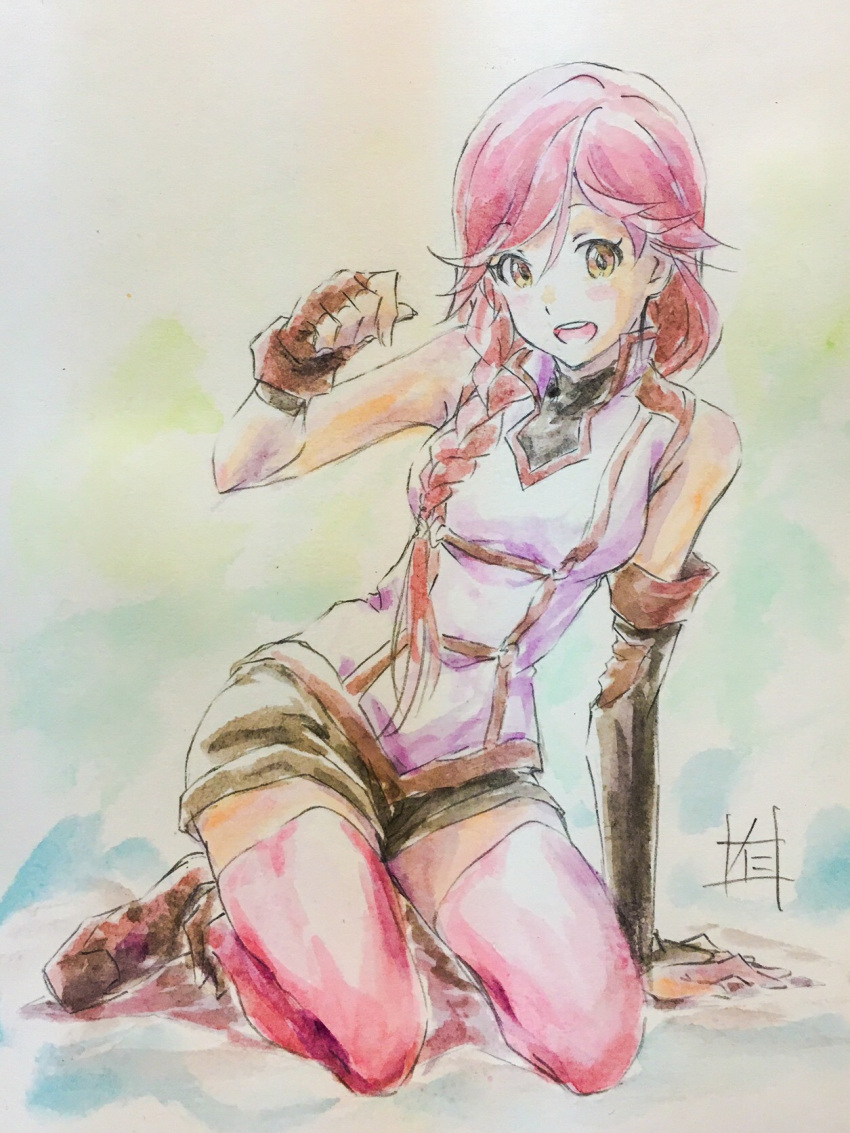 1girl :d arm_support armpits artist_request blush boots braid breasts brown_eyes fingerless_gloves from_side gloves hai_to_gensou_no_grimgar hair_over_shoulder highres kneeling long_hair looking_at_viewer multicolored_background open_mouth red_legwear redhead shirt shorts single_braid sitting sleeveless sleeveless_shirt smile solo thigh-highs watercolor_pencil_(medium) yume_(grimgar)