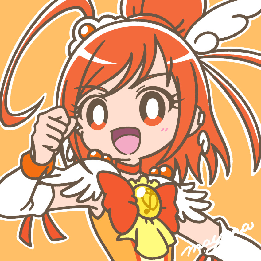 &gt;:) 1girl blush bow bright_pupils choker clenched_hand cure_sunny detached_sleeves earrings eyelashes frills hair_bun hair_flaps highres hino_akane_(smile_precure!) jewelry looking_at_viewer magical_girl mayena open_mouth orange_background orange_choker orange_eyes orange_hair orange_theme outline precure short_hair signature simple_background single_hair_bun smile smile_precure! solo tiara upper_body v-shaped_eyebrows white_outline white_pupils wing_earrings wing_hair_ornament