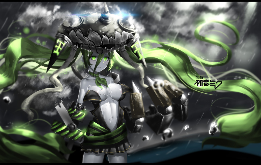 1girl black_dress breasts claws clouds cloudy_sky collarbone dress glowing green_eyes green_hair hat hatsune_miku highres hk_(hk) kantai_collection long_hair looking_at_viewer navel rain revealing_clothes shinkaisei-kan sky solo strapless strapless_dress tentacles twintails very_long_hair vocaloid wo-class_aircraft_carrier wo-class_aircraft_carrier_(cosplay)