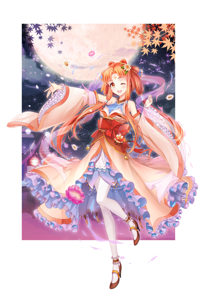 1girl absurdres blush breasts flower full_moon hair_flower hair_ornament highres long_hair looking_at_viewer ltt_challenger moon one_eye_closed open_mouth original smile solo white_legwear