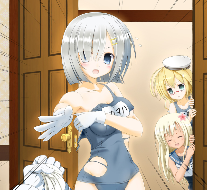 3girls ahoge around_corner bare_shoulders blonde_hair blue_eyes blush breasts covering covering_breasts crop_top door doorway eyes_visible_through_hair flower flying_sweatdrops glasses gloves hair_flower hair_ornament hair_over_one_eye hairclip hamakaze_(kantai_collection) hat i-8_(kantai_collection) kantai_collection large_breasts long_hair looking_at_viewer multiple_girls name_tag one-piece_swimsuit one-piece_tan open_mouth outstretched_arm peaked_cap peeking_out red-framed_glasses ro-500_(kantai_collection) school_swimsuit short_hair silver_hair smile sweatdrop swimsuit swimsuit_under_clothes tan tanline torn_clothes torn_swimsuit white_gloves yoko_(pixykid2010)