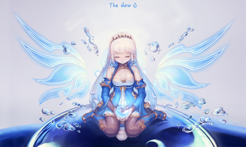1girl 903506307 bangs black_legwear blue_boots blue_dress blue_wings boots closed_eyes crescent cupping_hands detached_sleeves detached_wings diamond_(shape) dress elsword glowing highres long_hair luciela_r._sourcream pointy_ears reflection sitting solo text thigh-highs tiara wariza water_drop white_hair wings