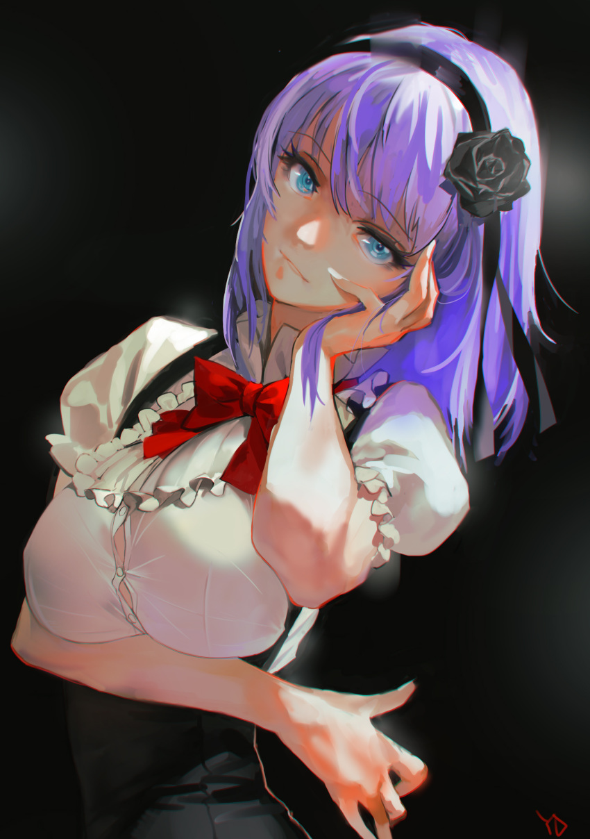 1girl bangs black_background black_ribbon black_rose black_skirt blue_eyes bow bowtie breast_hold breasts bursting_breasts buttons collared_shirt dagashi_kashi dress_shirt eyebrows eyebrows_visible_through_hair eyelashes flower frilled_sleeves frills hair_flower hair_ornament hairband hand_on_own_cheek head_tilt high-waist_skirt highres large_breasts looking_at_viewer parted_lips puffy_short_sleeves puffy_sleeves purple_hair red_bow red_bowtie ribbon ringed_eyes rose shidare_hotaru shirt short_hair short_sleeves signature simple_background skirt solo suspender_skirt suspenders white_shirt yang-do