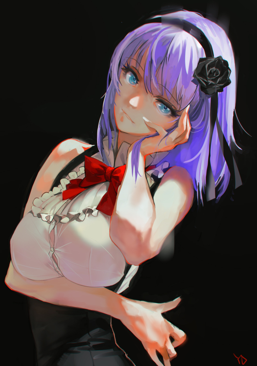 1girl bangs black_background black_ribbon black_rose black_skirt blue_eyes bow bowtie breast_hold breasts bursting_breasts buttons collared_shirt dagashi_kashi dress_shirt eyebrows eyebrows_visible_through_hair eyelashes flower frills hair_flower hair_ornament hairband hand_on_own_cheek head_tilt high-waist_skirt highres large_breasts looking_at_viewer parted_lips purple_hair red_bow red_bowtie ribbon ringed_eyes rose shidare_hotaru shirt short_hair signature simple_background skirt sleeveless sleeveless_shirt solo suspender_skirt suspenders white_shirt yang-do