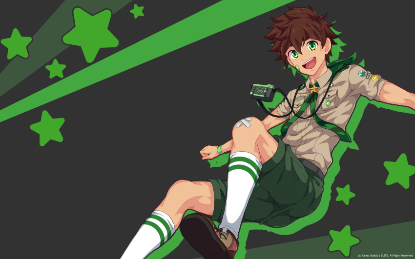 1boy bandage_on_face bandages bandaid bandaid_on_face bandaid_on_knee bandaid_on_leg black_background brown_hair brown_shirt camera camera_around_neck camp_buddy collared_shirt copyright copyright_name foot_out_of_frame green_eyes green_ribbon green_shorts highres male_focus mikkoukun nagame_keitaro official_art official_wallpaper open_mouth ribbon shirt shorts smile socks solo starry_background white_socks