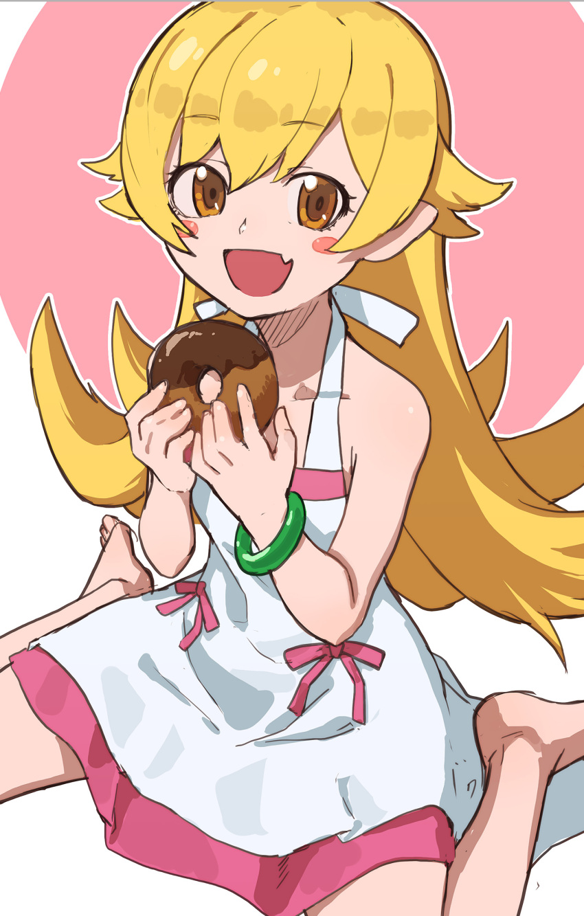 1girl bangle bare_shoulders barefoot batayu blonde_hair blush_stickers bracelet brown_eyes commentary_request doughnut dress fang flat_chest food highres jewelry long_hair looking_at_viewer monogatari_(series) open_mouth oshino_shinobu sitting sketch smile solo two-tone_background wariza white_dress