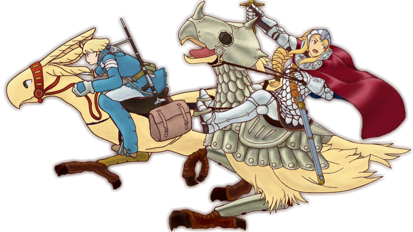 1boy 1girl agrias_oaks ahoge armor blonde_hair boots chocobo final_fantasy final_fantasy_tactics gloves highres long_hair ramza_beoulve short_hair sword weapon white_background