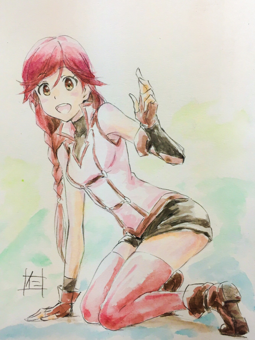1girl :d armpits artist_request blush braid breasts brown_eyes fingerless_gloves from_side gloves hai_to_gensou_no_grimgar hair_over_shoulder highres long_hair looking_at_viewer multicolored_background open_mouth red_legwear redhead shirt shorts signature single_braid sleeveless sleeveless_shirt smile solo thigh-highs watercolor_pencil_(medium) yume_(grimgar) zettai_ryouiki