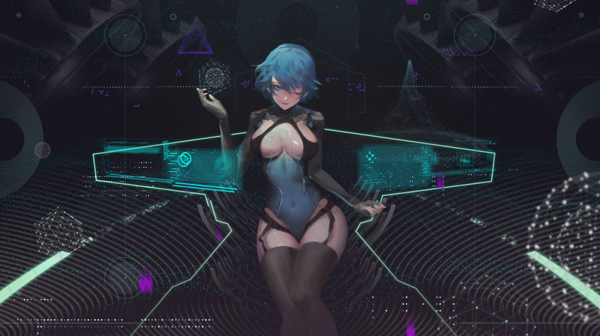 1girl bangs belt black_background black_legwear black_lipstick black_panties blue_eyes blue_hair breasts circle closed_mouth concentric_circles covered_navel fingerless_gloves floating_screen garter_straps gloves highres holographic_touchscreen jn3 large_breasts leotard light_smile lipstick long_sleeves looking_at_viewer makeup one_eye_closed original panties short_hair solo thigh-highs thigh_gap triangle underwear