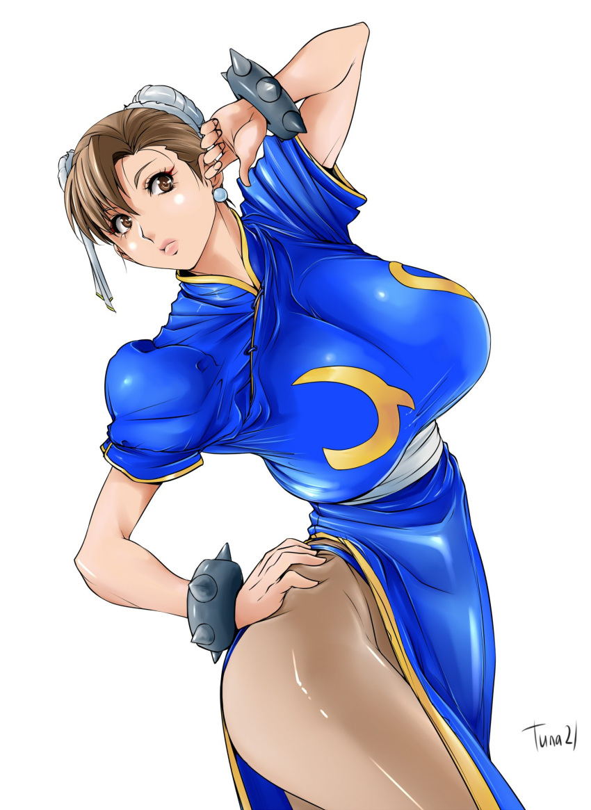 bracelet breasts bun_cover china_dress chinese_clothes chun-li dress earrings eyeshadow hand_on_hip highres huge_breasts jewelry makeup pantyhose spiked_bracelet spikes street_fighter tuna21