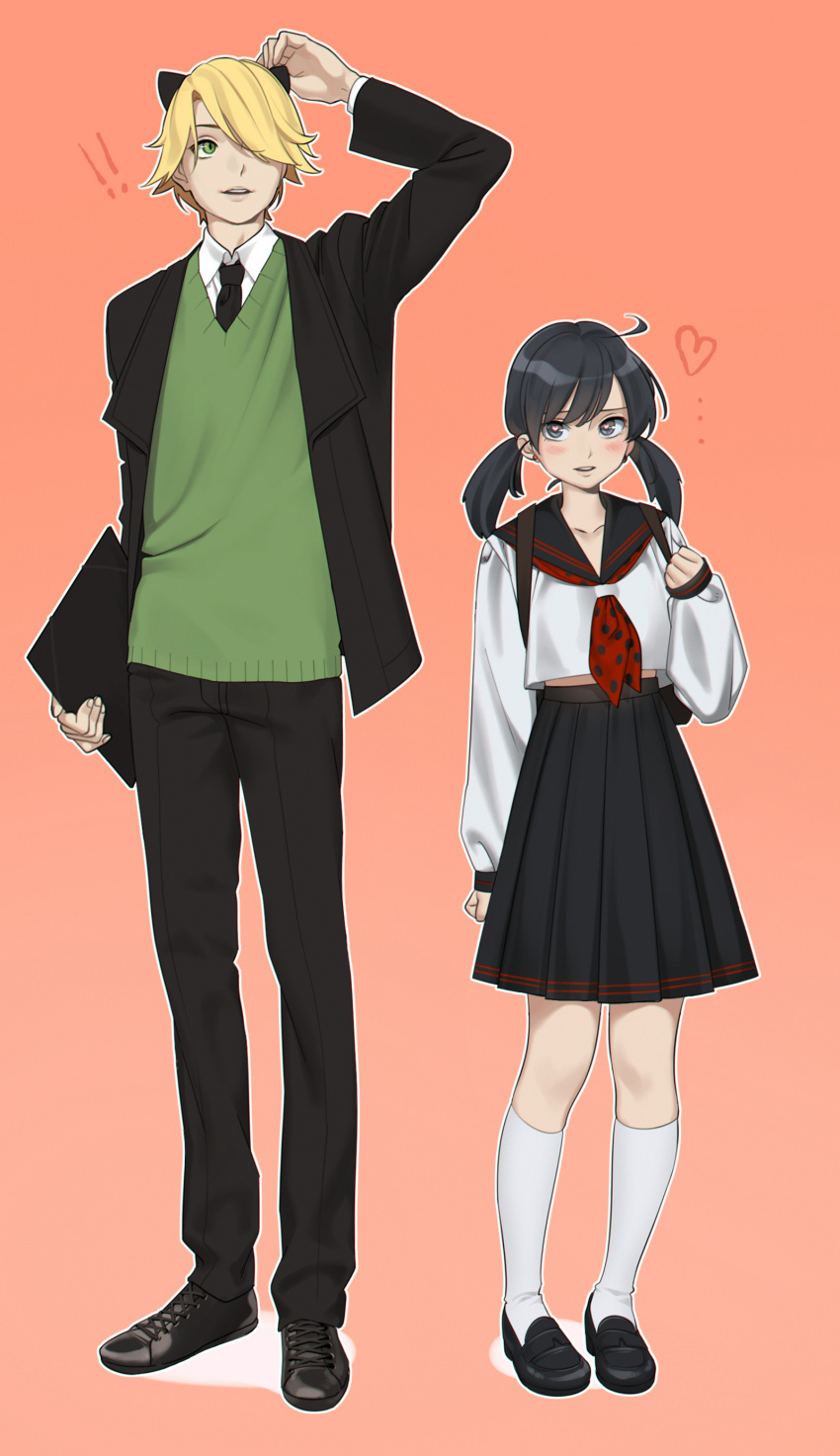 !! ... 1boy 1girl absurdres aconitea adrien_agreste ahoge animal_ears arm_at_side arm_up backpack bag black_eyes black_hair black_pants black_shoes black_skirt blazer blonde_hair blush cat_ears collarbone collared_shirt cross-laced_footwear dress_shirt ear_studs earrings full_body green_eyes hair_over_one_eye hand_on_ear heart heart-shaped_pupils height_difference highres holding holding_strap jewelry kneehighs legs_apart loafers long_hair looking_at_viewer looking_away marinette_cheng miraculous_ladybug pants parted_lips pleated_skirt polka_dot polka_dot_ribbon school_uniform serafuku shirt shoes simple_background skirt standing sweater_vest symbol-shaped_pupils twintails white_blouse white_legwear white_shirt