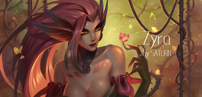 bare_shoulders breasts butterfly character_name choker cleavage collarbone facial_mark flower forehead_mark highres league_of_legends lipstick long_hair makeup plant red_lipstick redhead thorns vines yellow_eyes yellow_sclera zyra