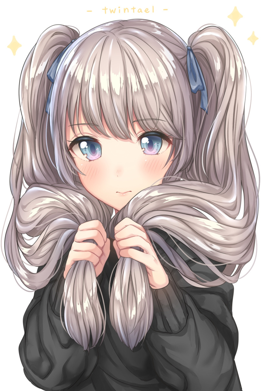1girl blue_eyes blue_ribbon blush eyebrows eyebrows_visible_through_hair hair_ribbon hair_tucking highres lips long_hair long_sleeves looking_down original ribbon silver_hair simple_background sleeves_past_wrists smile solo sweater tareme twintails typo umeno_(shio1205) very_long_hair wavy_mouth white_background