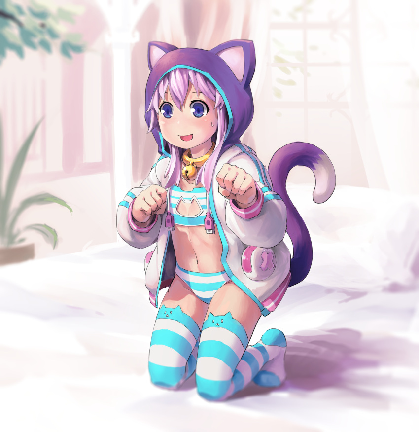 1girl animal_ears bell blush breasts cat_cutout cat_lingerie cat_tail cleavage_cutout highres looking_at_viewer navel neptune_(choujigen_game_neptune) neptune_(series) open_mouth panties purple_hair segamark short_hair smile striped striped_legwear tail thigh-highs underwear violet_eyes