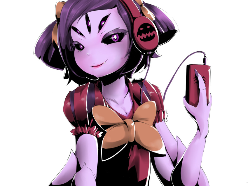 1girl black_sclera bow bowtie breasts cleavage digital_media_player extra_arms extra_eyes fang h.b hair_bow headphones highres insect_girl lipstick looking_at_viewer makeup monster_girl muffet purple_hair purple_skin short_twintails smile solo spider_girl twintails undertale upper_body violet_eyes white_background