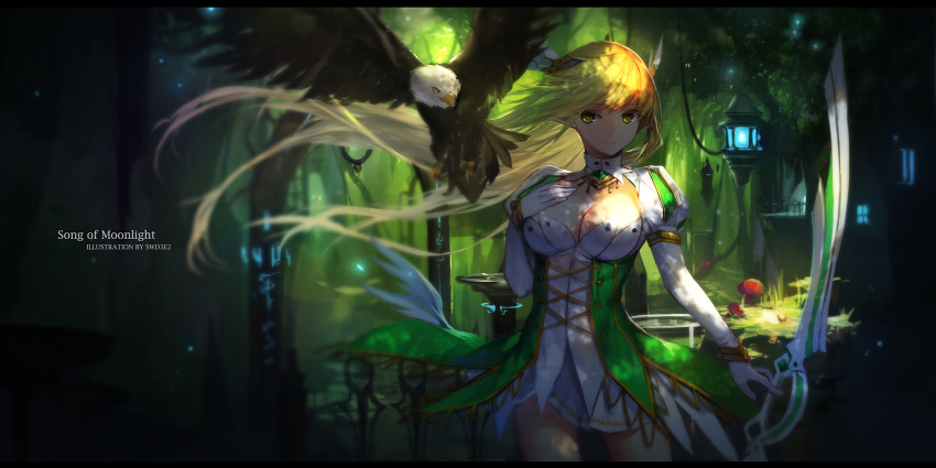 1girl bird blonde_hair bow_(weapon) breasts cleavage dress eagle elsword green_dress highres juliet_sleeves lantern large_breasts layered_dress long_hair long_sleeves pointy_ears puffy_sleeves ranger rena_(elsword) swd3e2 thighs very_long_hair weapon white_dress yellow_eyes
