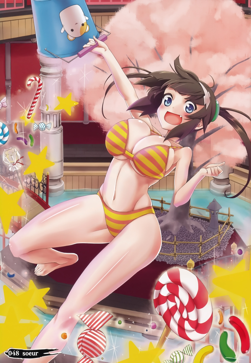 1girl absurdres bikini blue_eyes breasts brown_hair bucket candy cherry_blossoms cleavage fang highres huge_filesize large_breasts legs long_hair looking_at_viewer minori_(senran_kagura) navel senran_kagura_(series) smile soeur_(xhisui) solo striped striped_bikini striped_swimsuit swimsuit thighs