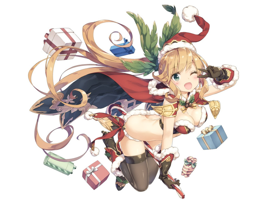 1girl ;d artist_request black_gloves blonde_hair blush box breasts butt_crack candy candy_cane cape christmas clarisse_(granblue_fantasy) cleavage fur_trim gift gift_box gloves granblue_fantasy green_eyes hat large_breasts long_hair looking_at_viewer one_eye_closed open_mouth peko ponytail santa_hat simple_background smile solo thigh-highs v v_over_eye white_background