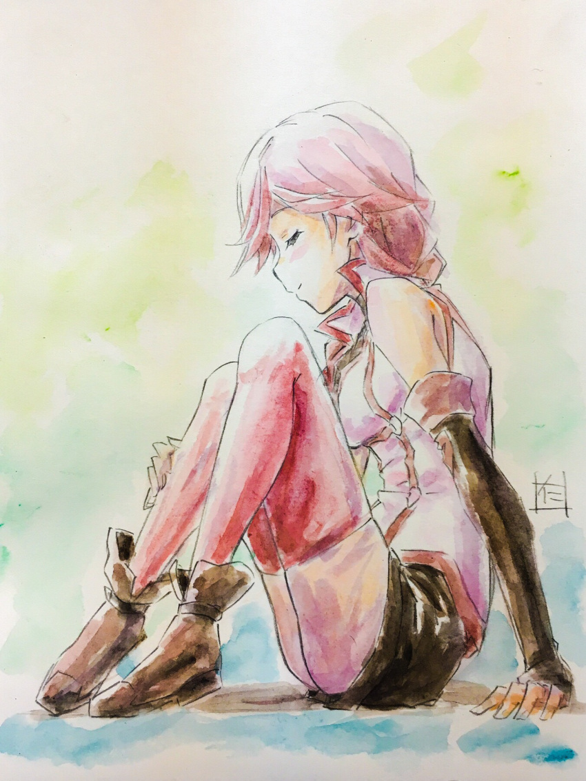 1girl arm_support armpits artist_request blush boots braid breasts closed_eyes fingerless_gloves from_side gloves hai_to_gensou_no_grimgar hair_over_shoulder highres long_hair looking_at_viewer multicolored_background red_legwear redhead shirt shorts signature single_braid sitting sleeveless sleeveless_shirt smile solo thigh-highs watercolor_pencil_(medium) yume_(grimgar)