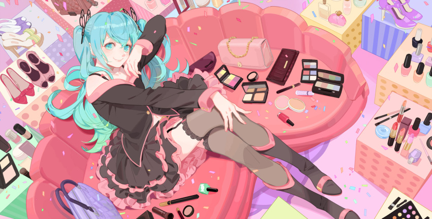 1girl aqua_eyes aqua_hair hatsune_miku long_hair p0ckylo project_diva project_diva_f solo sweet_devil_(vocaloid) thigh-highs twintails vocaloid