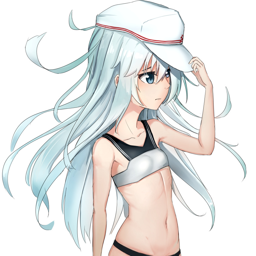 1girl absurdres adjusting_clothes adjusting_hat armpits bandeau bare_shoulders bikini blue_eyes blush collarbone cowboy_shot expressionless from_side hammer_and_sickle hat hibiki_(kantai_collection) highres kantai_collection long_hair looking_to_the_side midriff navel rubellent silver_hair simple_background smile solo stomach swimsuit tsurime verniy_(kantai_collection) very_long_hair wavy_mouth white_background white_hat