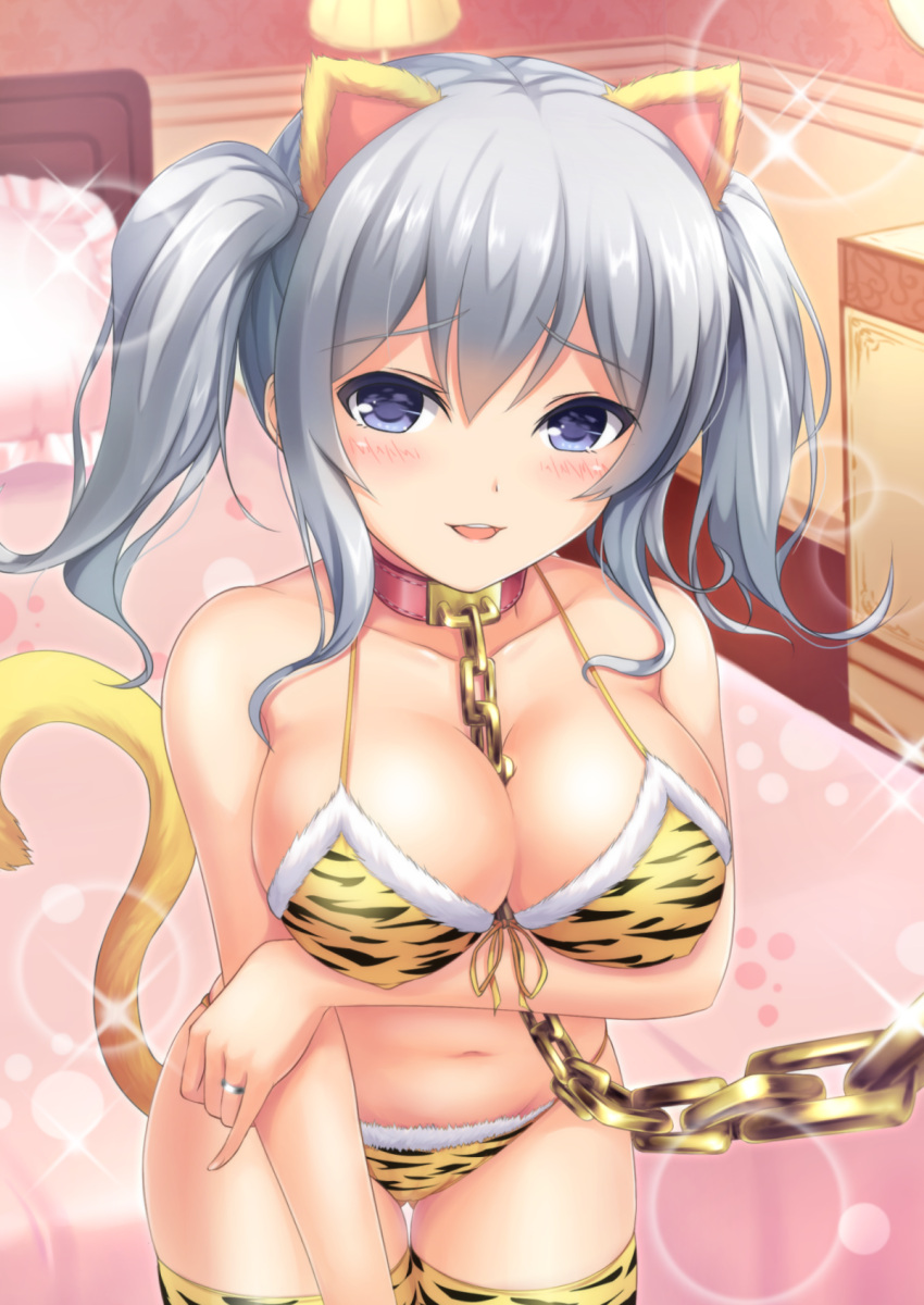 1girl blue_eyes breasts chain collar highres kantai_collection kashima_(kantai_collection) large_breasts leash long_hair looking_at_viewer silver_hair solo tail thigh-highs tiger_print tiphereth twintails wavy_hair