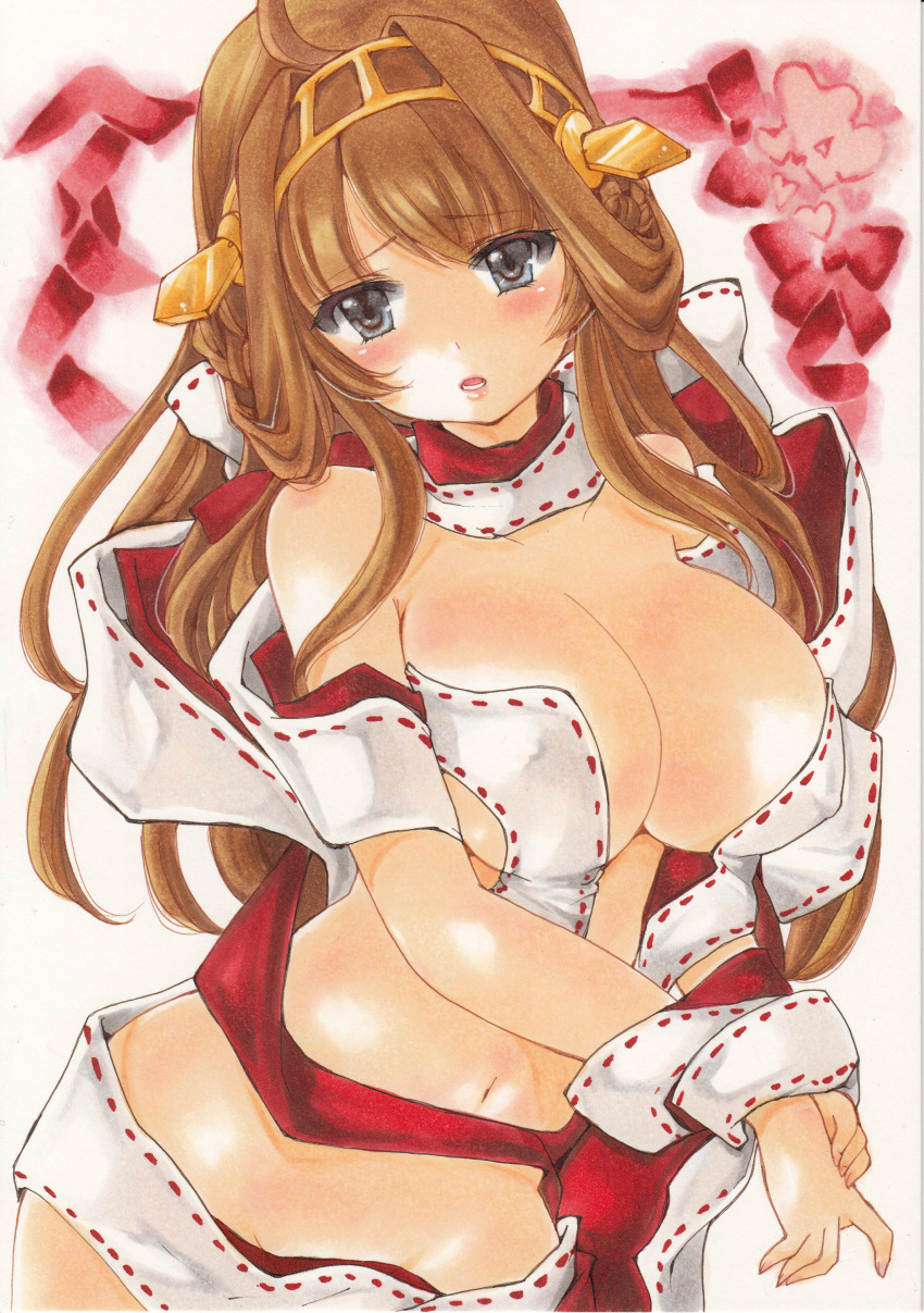 1girl absurdres antennae breasts brown_hair collarbone commentary_request gift_wrapping grey_eyes happy_valentine head_grab highres kantai_collection kongou_(kantai_collection) large_breasts long_hair marker_(medium) naked_ribbon navel open_mouth ribbon solo traditional_media valentine yurun
