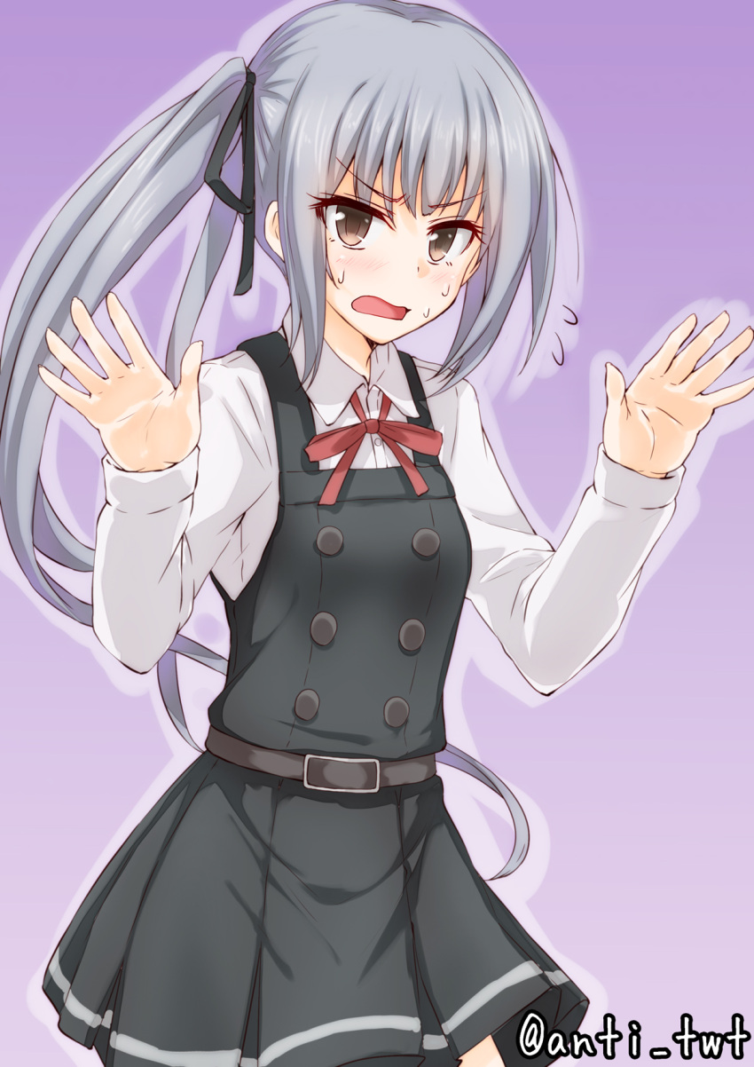 1girl anti_(untea9) arms_up brown_eyes commentary_request grey_hair hair_ribbon highres kantai_collection kasumi_(kantai_collection) long_hair open_mouth ribbon school_uniform side_ponytail solo suspenders sweat twitter_username