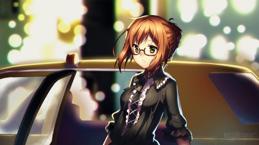 1girl :o artist_name black_dress black_ribbon blurry_background blush brown_hair car collar cross-laced_clothes door dress frills game_cg glass glasses hair_bun human_reignition_project lamp light long_sleeves looking_at_viewer motor_vehicle open_door open_mouth parted_lips red-framed_glasses ribbon rosuuri semi-rimless_glasses short_hair sidelocks sleeves_past_elbows solo under-rim_glasses upper_body vehicle yellow_eyes yukino_(human_reignition_project
