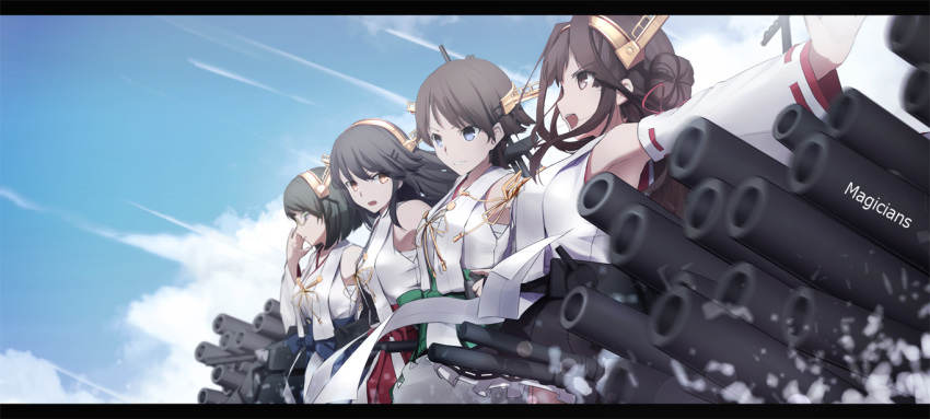 4girls :o adjusting_glasses aiming artist_name bangs black_hair black_skirt blue_eyes blue_skirt blue_sky blurry bokeh bow brown_eyes brown_hair cannon clouds condensation_trail depth_of_field detached_sleeves frills from_side glasses green_skirt hair_bun hair_ornament hairband hairclip hakama_skirt haruna_(kantai_collection) headgear hiei_(kantai_collection) japanese_clothes kantai_collection kirishima_(kantai_collection) kongou_(kantai_collection) letterboxed lineup long_hair looking_at_viewer looking_away magicians_(zhkahogigzkh) miniskirt multiple_girls nontraditional_miko outstretched_arm pleated_skirt red_ribbon red_skirt ribbon ribbon-trimmed_skirt ribbon-trimmed_sleeves ribbon_trim sarashi short_hair skirt sky upper_body upskirt white_ribbon yellow_eyes
