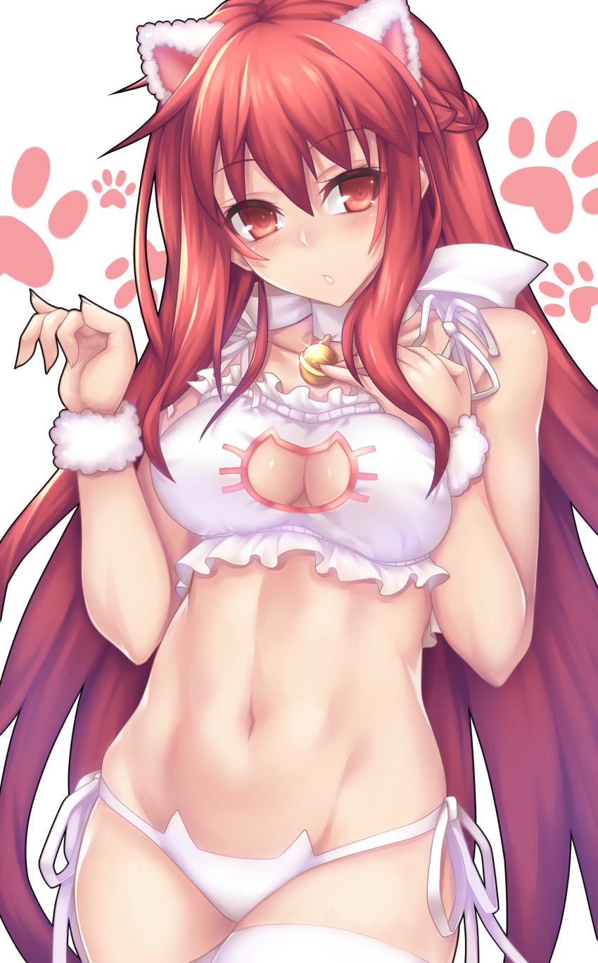 1girl animal_ears bell black_bra blush bra breasts cat_ears cat_lingerie cat_paws cleavage elesis_(elsword) elsword fi-san highres long_hair looking_at_viewer navel panties parted_lips paw_print paws red_eyes redhead simple_background solo thigh-highs underwear very_long_hair white_background white_bra white_legwear white_panties