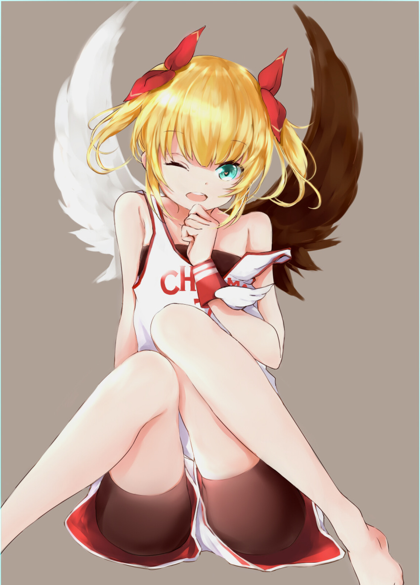 1girl ;o angel_wings aqua_eyes asymmetrical_wings bangs bare_shoulders barefoot bike_shorts black_shorts blonde_hair character_request clothes_writing eyebrows eyebrows_visible_through_hair feathered_wings hair_ribbon heart heart-shaped_pupils highres long_hair looking_at_viewer off_shoulder one_eye_closed red_ribbon ribbon shironeko_project shorts silver_(chenwen) simple_background sitting sleeveless solo symbol-shaped_pupils twintails upshorts wings wrist_wings wristband