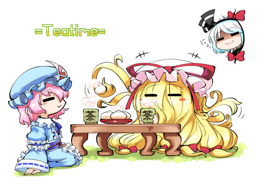 3girls :3 absurdly_long_hair alternate_hair_length alternate_hairstyle blonde_hair blush bow collar cup english frilled_collar frills gap green_vest hair_ribbon hat hat_ribbon japanese_clothes kashuu_(b-q) kimono konpaku_youmu long_hair long_sleeves mob_cap multiple_girls obi pink_hair ribbon ribbon-trimmed_sleeves ribbon_trim saigyouji_yuyuko sash seiza shaded_face shiny shiny_hair silver_hair simple_background sitting steam table teacup touhou triangular_headpiece very_long_hair white_background yakumo_yukari