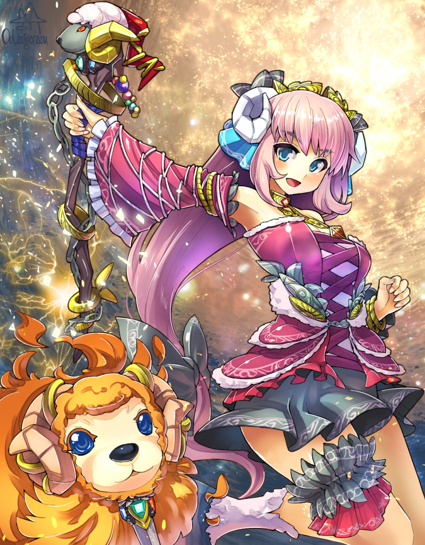 1girl :d bare_shoulders blue_eyes blush bow bracelet choker cross-laced_clothes detached_sleeves dress frilled_sleeves frills hair_bow hair_ornament hair_ribbon highres horns jewelry long_hair looking_at_viewer open_mouth original pink_dress pink_hair ribbon sheep sheep_horns skirt smile solo staff thigh_ribbon umigarasu_(kitsune1963) very_long_hair wide_sleeves witch