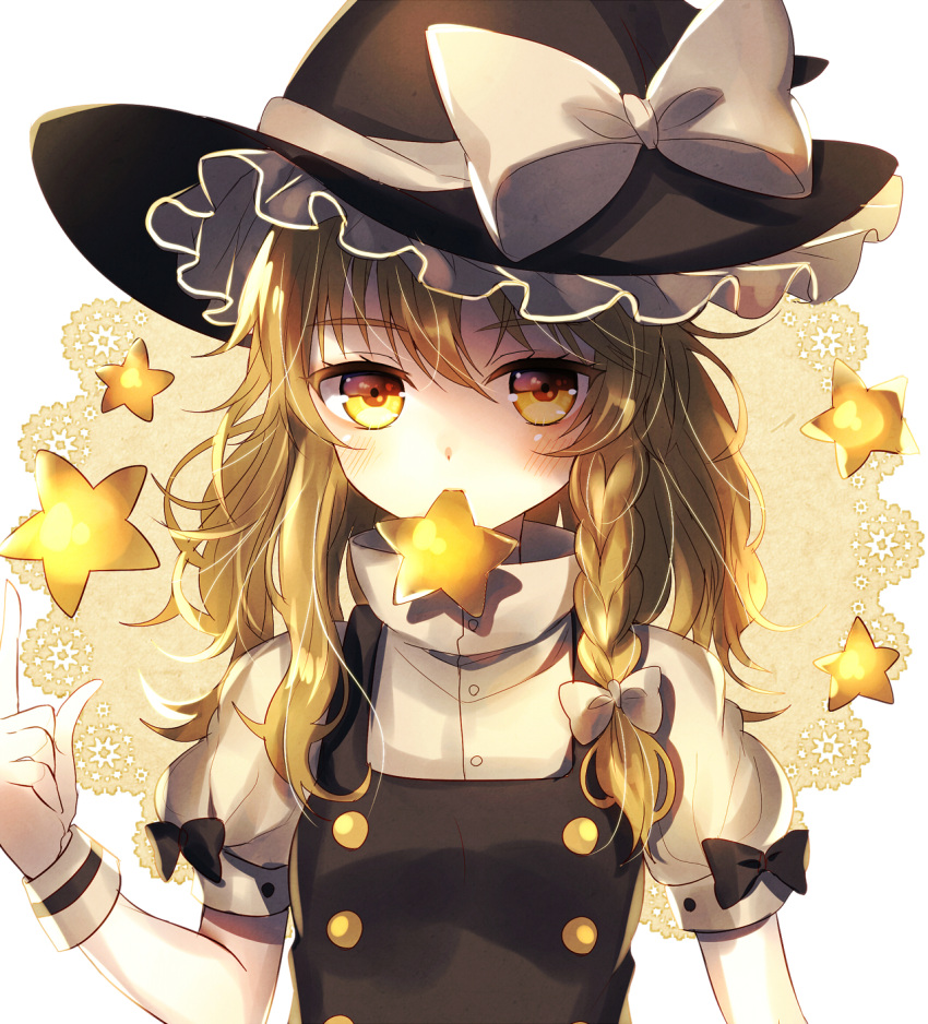 1girl abandon_ranka beige_background black_bow black_dress black_hat blonde_hair blush bow braid buttons close-up dress eyelashes frills hair_bow hat hat_bow highres kirisame_marisa looking_at_viewer mouth_hold pointing pointing_up puffy_short_sleeves puffy_sleeves shirt short_sleeves simple_background single_braid solo star touhou tsurime turtleneck white_bow white_shirt witch_hat wrist_cuffs yellow_eyes