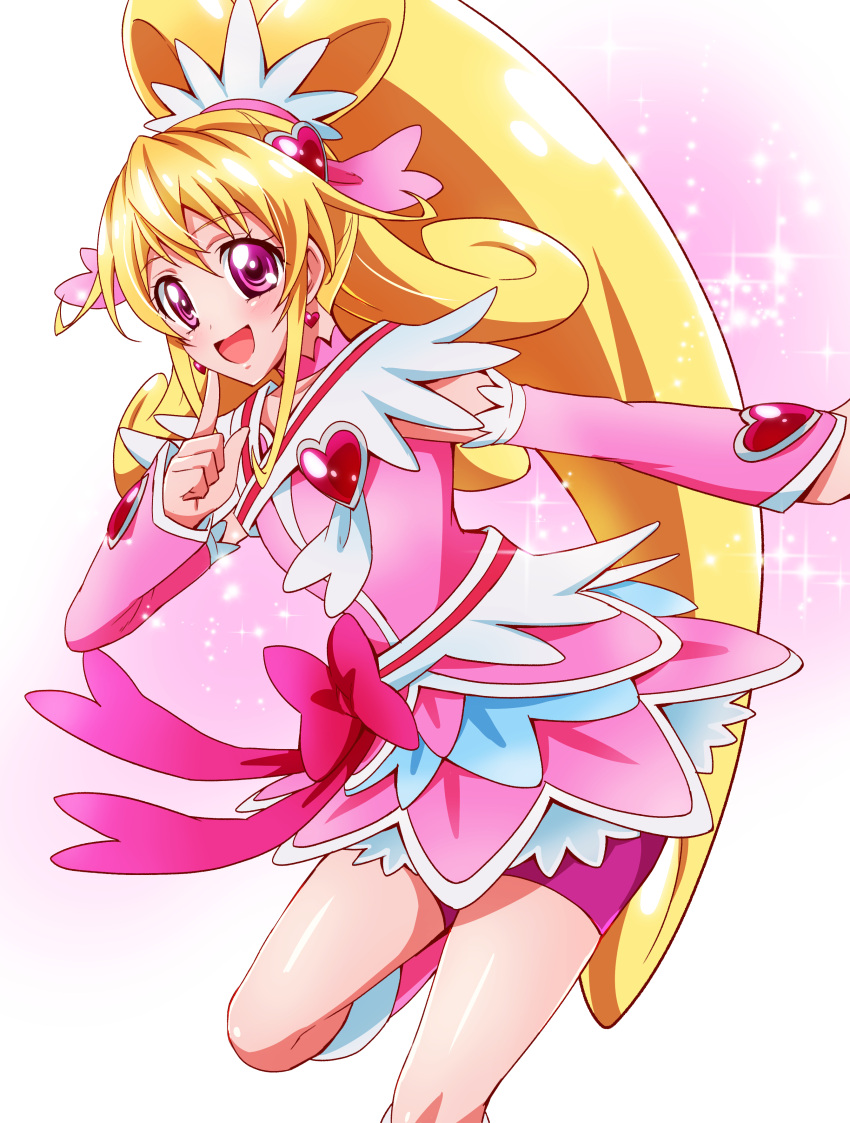 1girl :d absurdres aida_mana arm_warmers bike_shorts blonde_hair blush boots bow brooch choker cure_heart curly_hair dokidoki!_precure hair_ornament half_updo heart_hair_ornament highres jewelry knee_boots long_hair magical_girl open_mouth pink_bow pink_eyes pink_skirt ponytail precure sharumon shorts_under_skirt skirt smile solo sparkle standing_on_one_leg