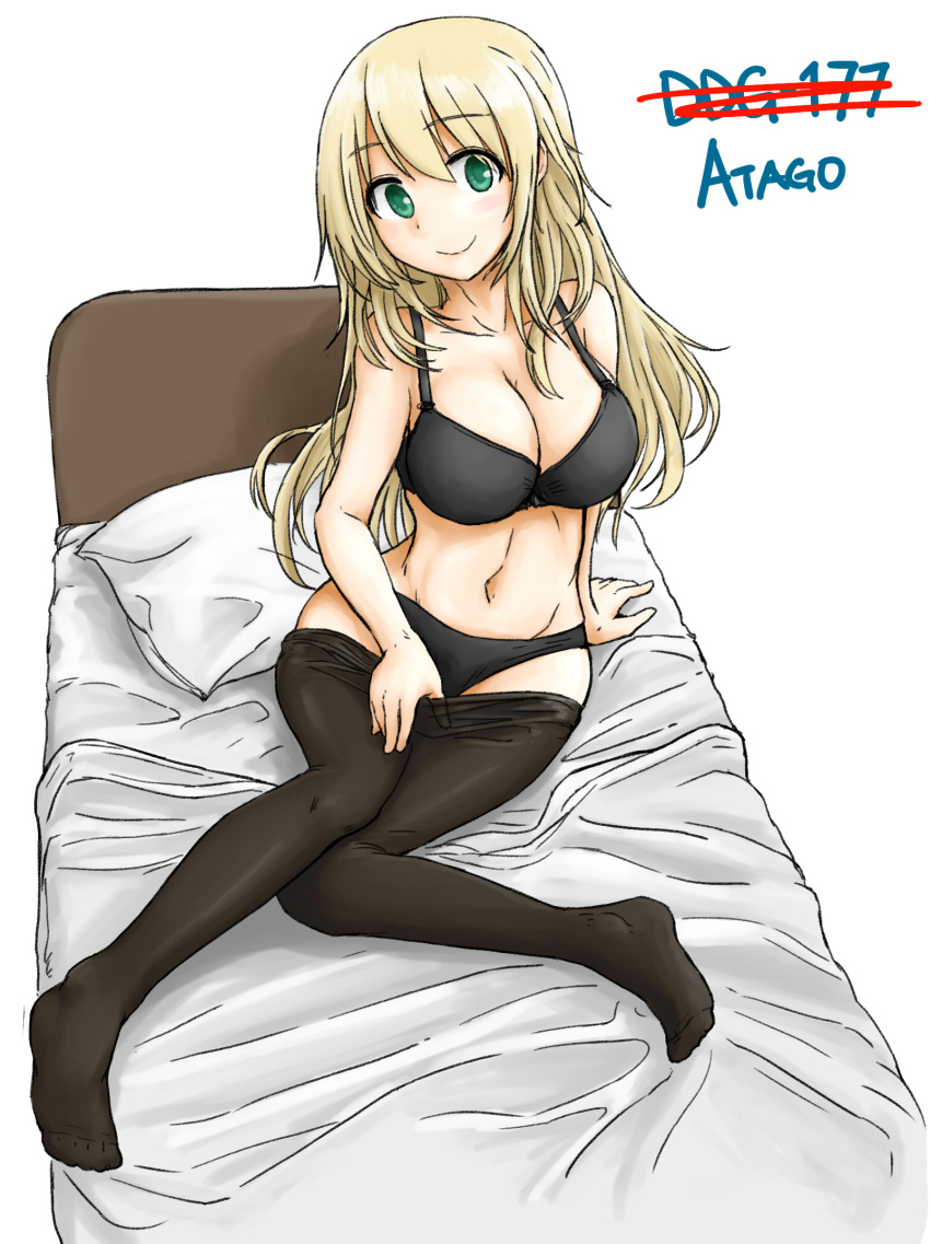 1girl atago_(kantai_collection) bed bed_sheet blonde_hair bra dutchko green_eyes highres kantai_collection long_hair looking_at_viewer panties pantyhose pillow simple_background sitting smile solo underwear undressing white_background