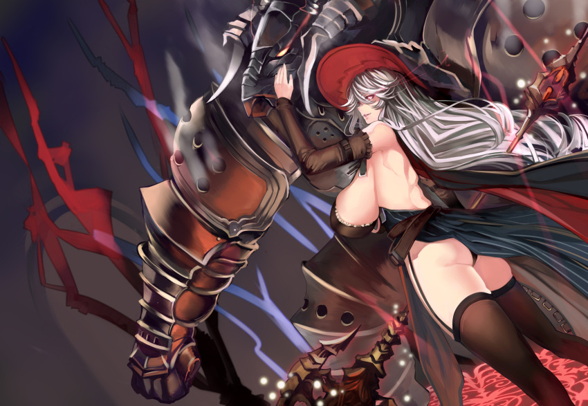 1girl arm_belt arm_up armor ass back bangs bare_shoulders belt black_legwear black_panties breasts cape creature detached_sleeves dress dutch_angle from_side full_armor garter_straps glowing glowing_eye granblue_fantasy hair_between_eyes hat highres holding_staff huge_breasts long_hair magic_circle magisa_(granblue_fantasy) panties pantyshot pantyshot_(standing) parted_lips profile red_eyes red_hat side_slit silver_hair solo standing tahnya thigh-highs underwear very_long_hair weapon witch_hat