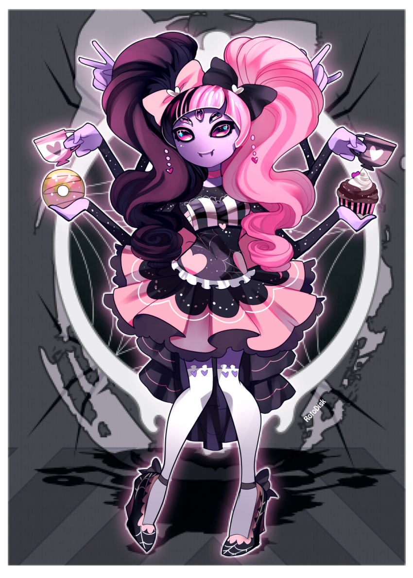 1girl \m/ alternate_costume alternate_hair_color alternate_hairstyle artist_name black_hair bow commentary cup cupcake doughnut dress extra_arms extra_eyes fangs food hair_bow heart high_heels highres insect_girl kneehighs looking_at_viewer monster_girl muffet mug multicolored_hair pink_hair purple_skin rotodisk solo spider_girl two-tone_hair undertale v violet_eyes