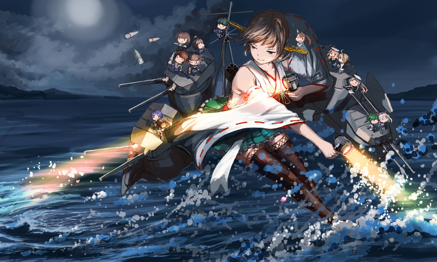ahoge bare_shoulders boots brown_hair chibi clouds detached_sleeves doraxi hiei_(kantai_collection) kantai_collection long_hair moon mountain night nontraditional_miko ocean one_eye_closed purple_hair short_hair sky thigh-highs thigh_boots turret twintails water wide_sleeves