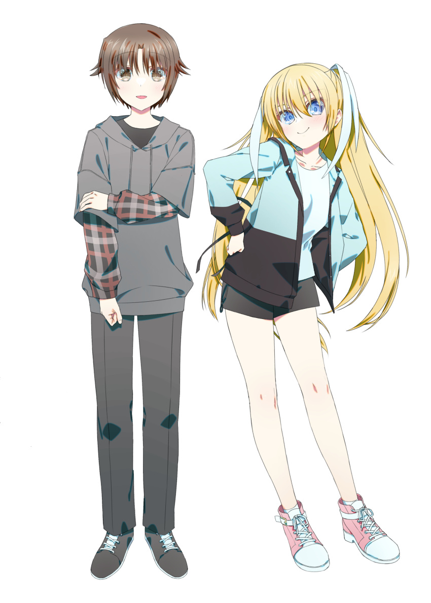 1boy 1girl absurdres alternate_costume aqua_jacket aqua_shirt black_footwear black_jacket black_pants black_shorts blonde_hair blue_eyes blush brown_eyes brown_hair c: casual closed_mouth collarbone commentary eyes_visible_through_hair full_body grabbing_own_arm grey_hoodie hair_between_eyes hair_ribbon hands_on_own_hips head_tilt highres hood hoodie jacket letterman_jacket little_busters! long_hair long_ribbon long_sleeves looking_at_viewer multicolored_clothes multicolored_jacket naoe_riki natsuoto_rito open_clothes open_jacket open_mouth pants pink_footwear ribbon shirt shoes short_hair shorts side-by-side simple_background smile sneakers standing straight_hair tachi-e tokido_saya two-tone_jacket very_long_hair white_background white_ribbon
