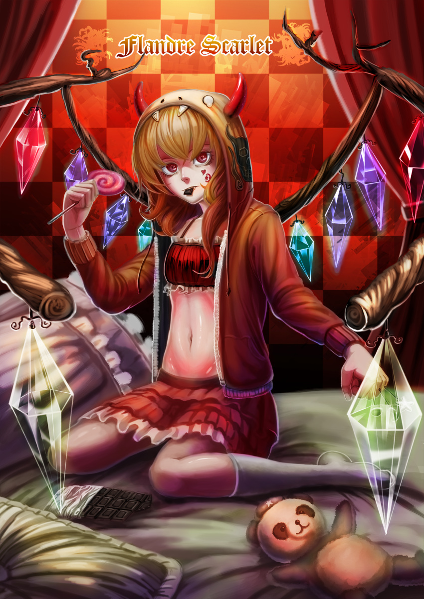 1girl artist_request ascot candy checkered checkered_background crystal flandre_scarlet highres hood hoodie horns lollipop side_ponytail solo touhou wings