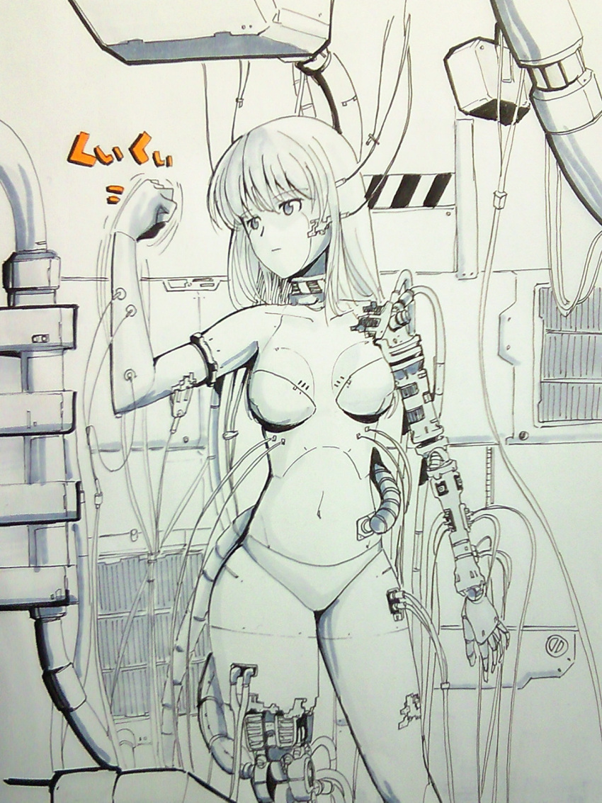 1girl android breasts cable clenched_hand damaged expressionless highres kashiyuki monochrome navel parts_exposed short_hair solo sound_effects spot_color translation_request tube