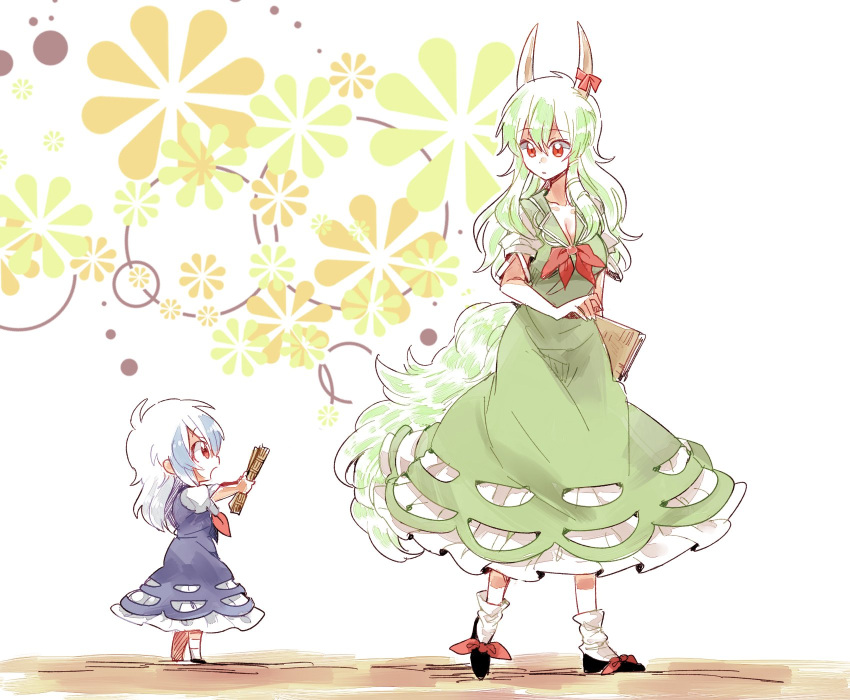 2girls breasts cleavage commentary_request dress dual_persona ex-keine green_hair highres horn_ribbon horns kamishirasawa_keine multiple_girls outstretched_arms red_eyes ribbon scroll six_(fnrptal1010) time_paradox touhou white_hair younger