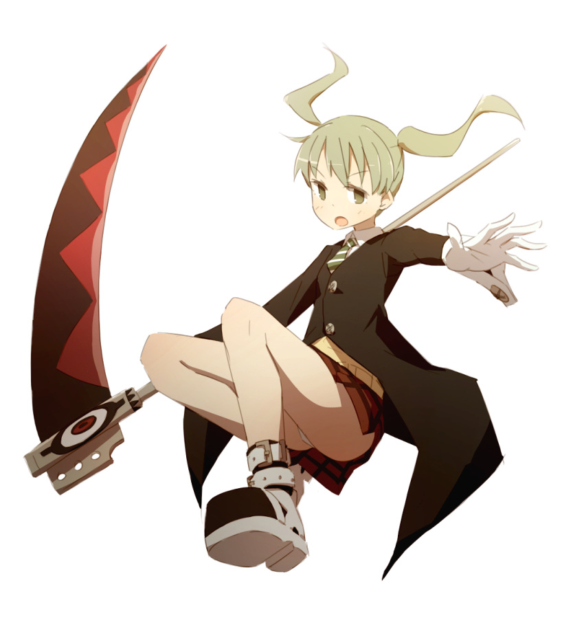 1girl blonde_hair blush boots colored coupon gloves green_eyes jacket maka_albarn miniskirt necktie panties scythe skirt solo soul_eater twintails weapon