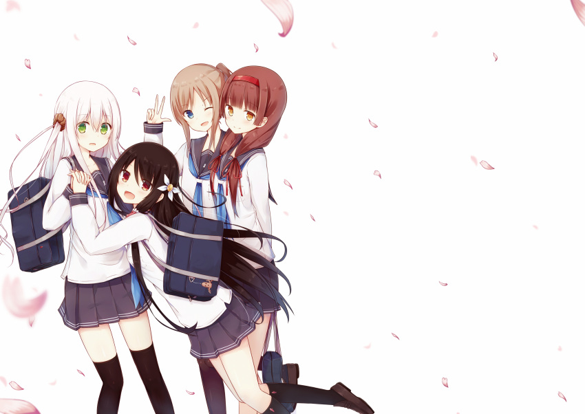4girls :d bag black_hair black_legwear black_skirt blue_eyes blush brown_eyes brown_hair cover cover_page flower green_eyes hair_flower hair_ornament hair_ribbon hairband highres holding_hands keychain loafers long_hair long_sleeves looking_at_viewer low_twintails miniskirt multiple_girls neckerchief one_eye_closed open_mouth original petals pleated_skirt ribbon sailor_collar school_bag school_uniform serafuku shoes short_hair side_ponytail sidelocks simple_background skirt smile thigh-highs tsuchikure_(3105mitoko) twintails w white_background white_hair