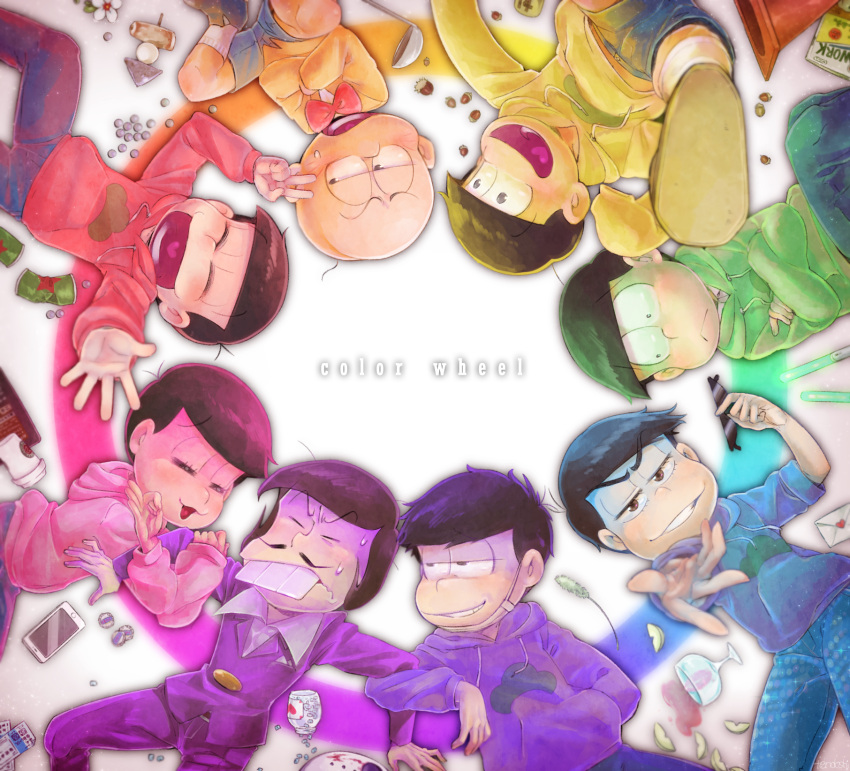 6+boys :&lt; acorn bald beckoning beer_can bottle bow bowtie brothers brown_eyes brown_hair cellphone chibita closed_eyes coffee_cup crossed_arms cup drinking_glass english flower food formal fruit glowstick heart heart_in_mouth highres holding holding_sunglasses hood hoodie iyami jitome letter looking_at_another love_letter magazine male_focus matsuno_choromatsu matsuno_ichimatsu matsuno_juushimatsu matsuno_karamatsu matsuno_osomatsu matsuno_todomatsu menu messy_hair multiple_boys oden open_mouth osomatsu-kun osomatsu-san pear phone sextuplets siblings sleeves_past_wrists sliced smartphone smile suit sunglasses sunglasses_removed sweatdrop tendosora ticket traffic_cone v wine_glass